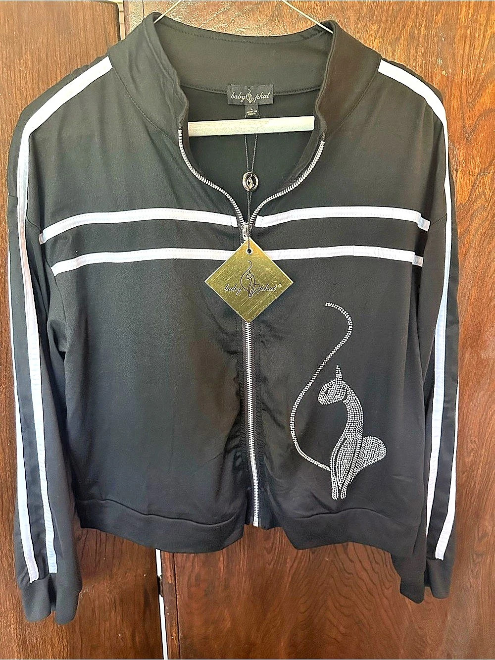 Baby Phat Rhinestone Cat Track Jacket Black & White with Silver Zip Up NWT